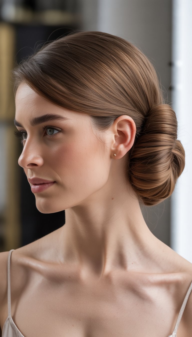 Close-up of a woman with her hair styled in a neat updo against a plain background.