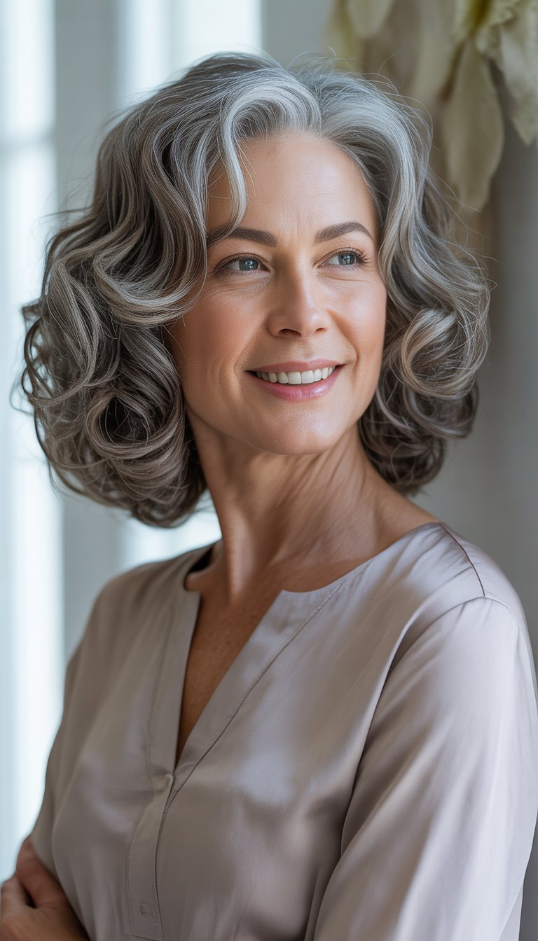 A mature woman with shoulder length curly hair smiling gently against a light background.