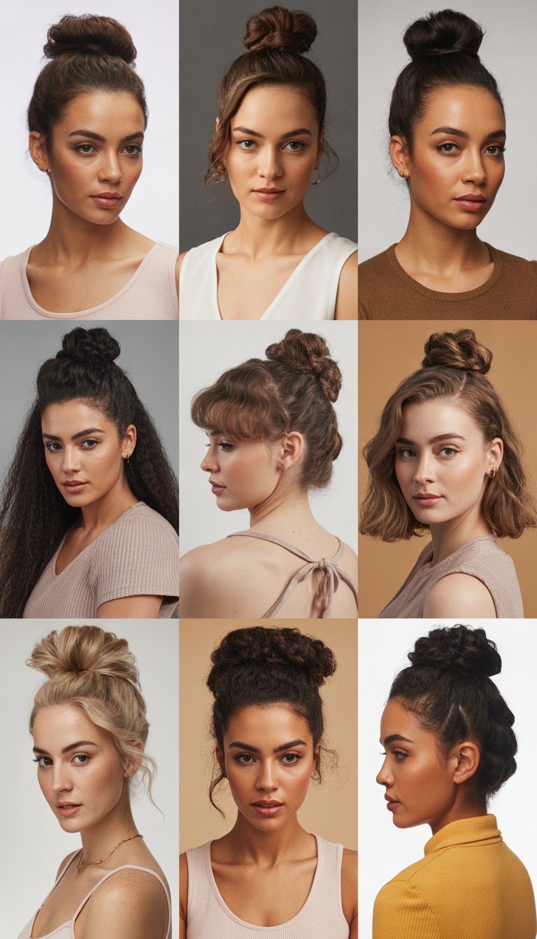 A group of women with half-up top knot hairstyles posing in a studio setting.