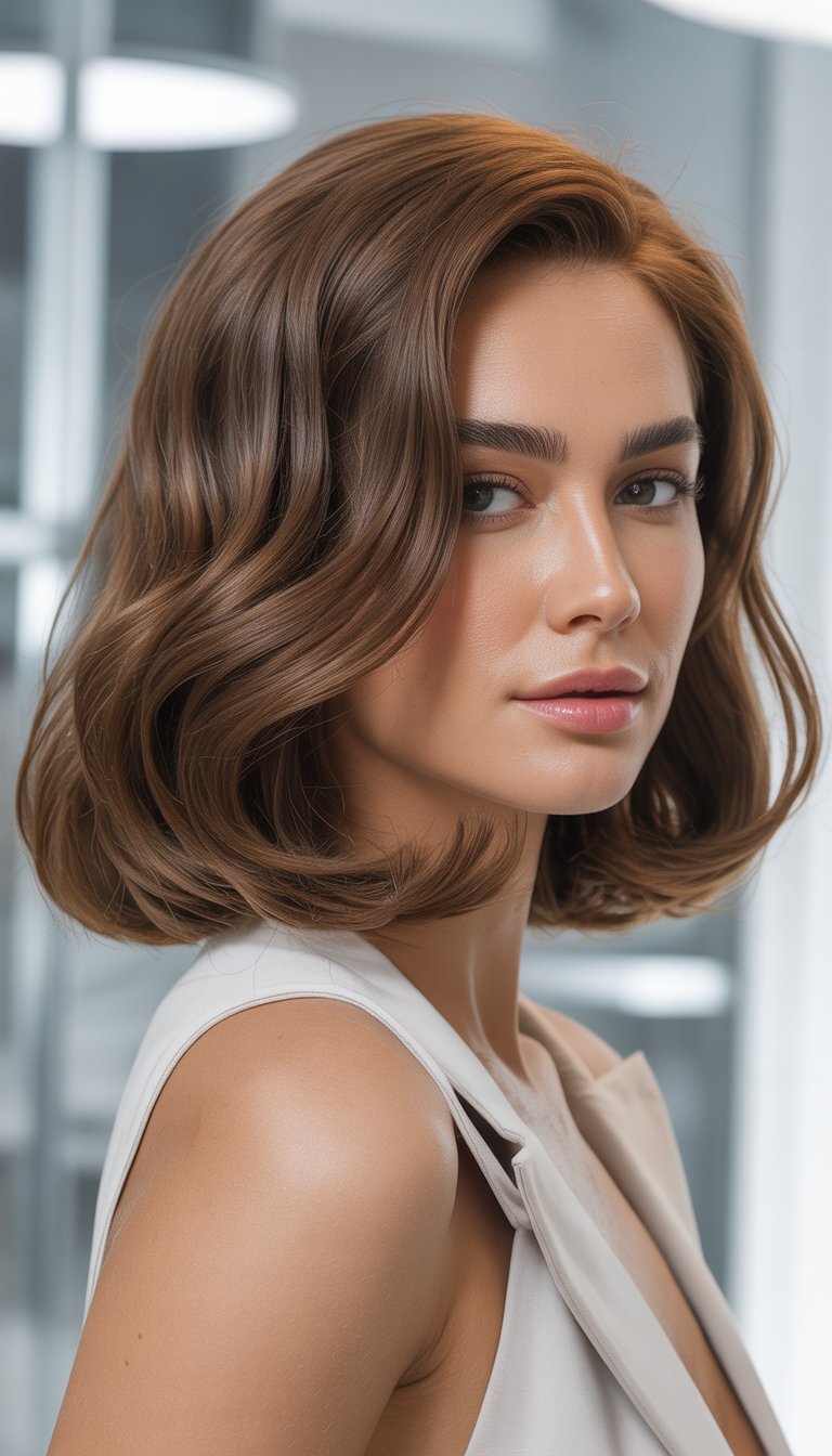 A woman with medium length hair posing in a studio with a neutral background.