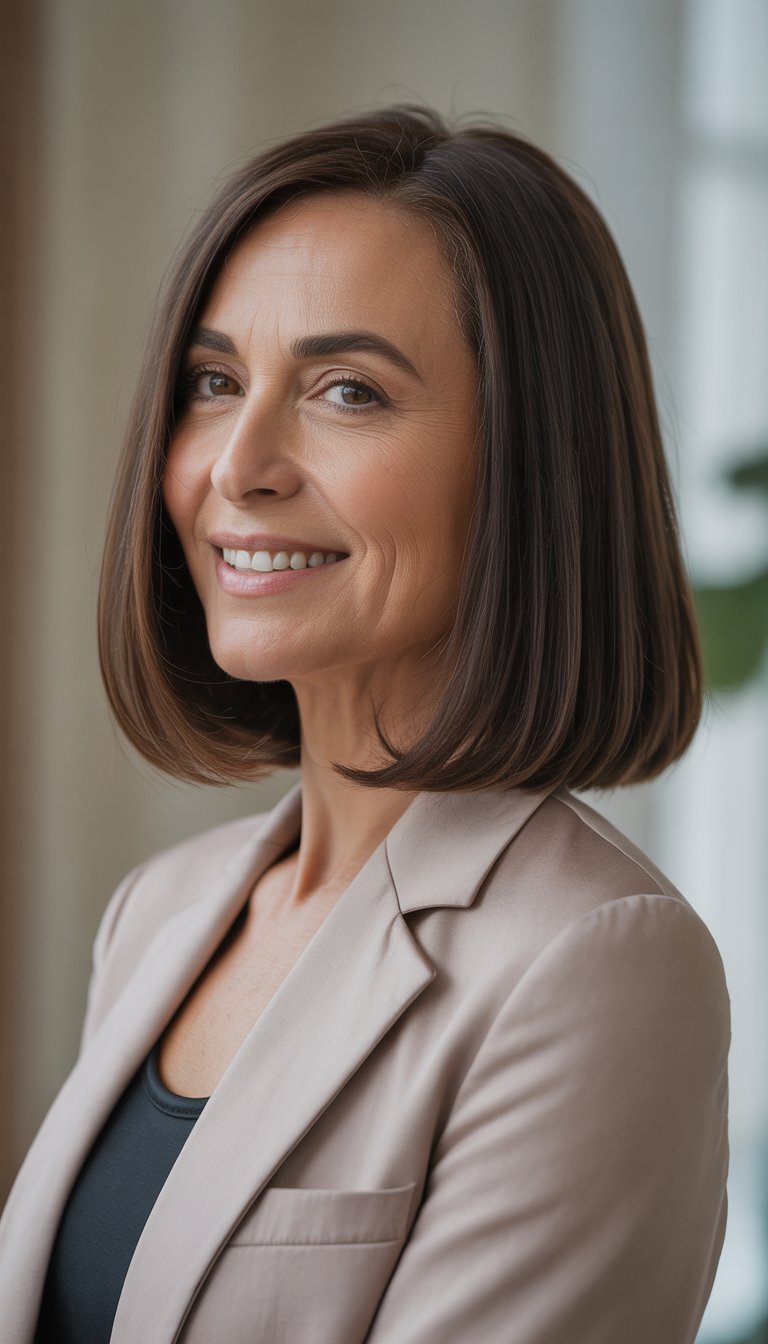 A smiling woman over 50 with shoulder-length straight hair, standing against a neutral background.