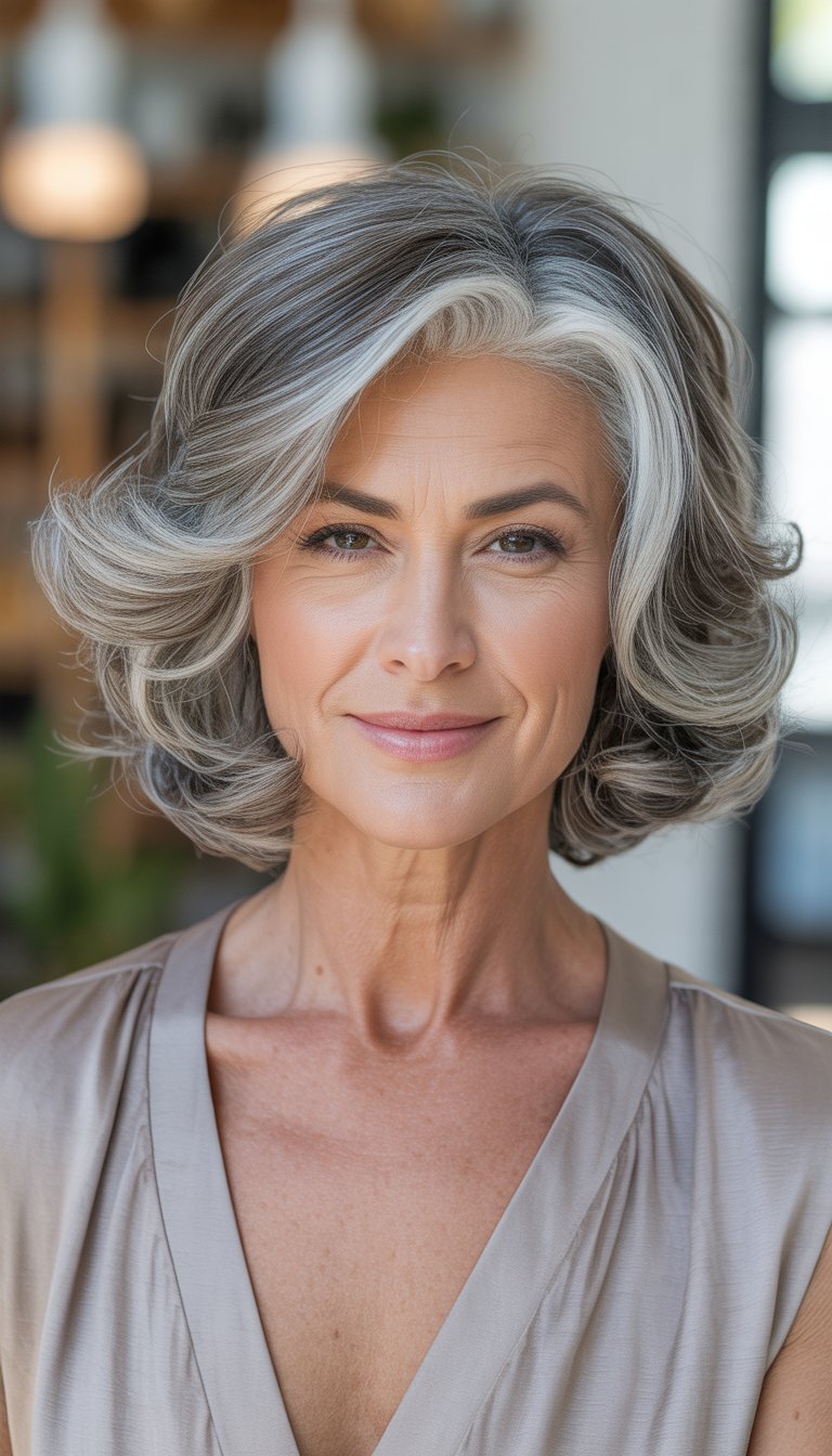 A smiling woman over 50 with shoulder-length wavy hair, shown from the shoulders up against a blurred background.