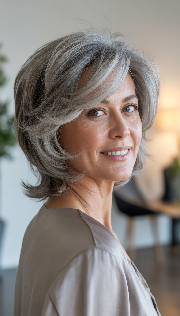 A smiling woman over 50 with silver-gray layered hair in a softly lit indoor setting.