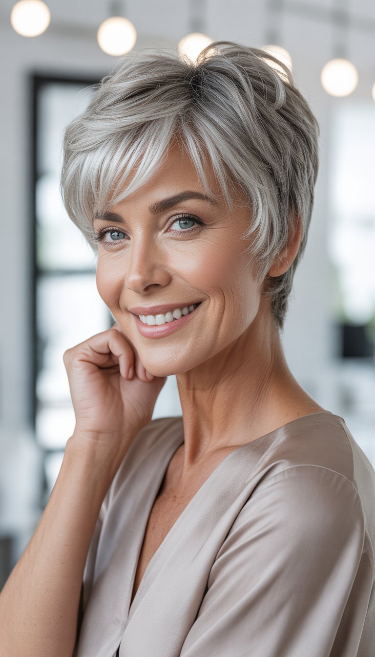 A smiling woman over 50 with short silver-gray hair and soft bangs, wearing a neutral blouse against a light studio background.