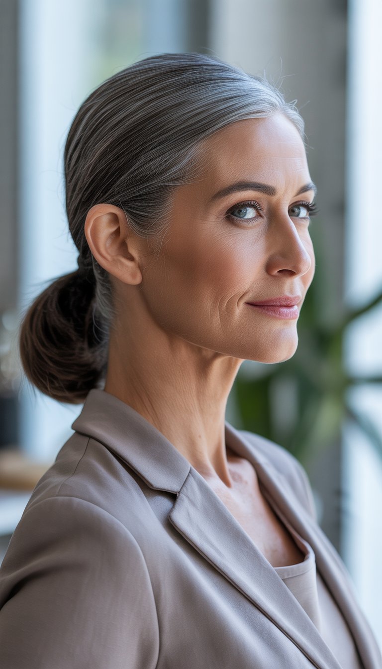 A confident mature woman with her hair pulled back in a low ponytail, wearing a professional outfit and smiling softly.
