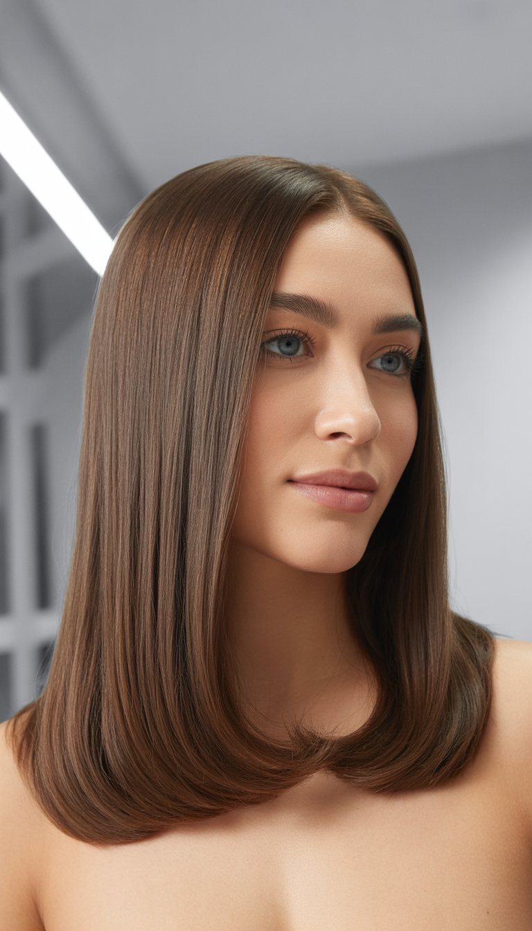 A woman with medium length straight hair posing in a studio with a neutral background.