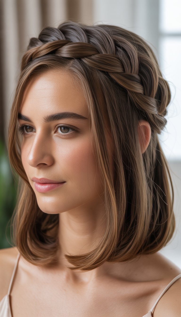 Close-up of a woman with medium length hair styled in a braided crown, looking slightly to the side against a soft, neutral background.