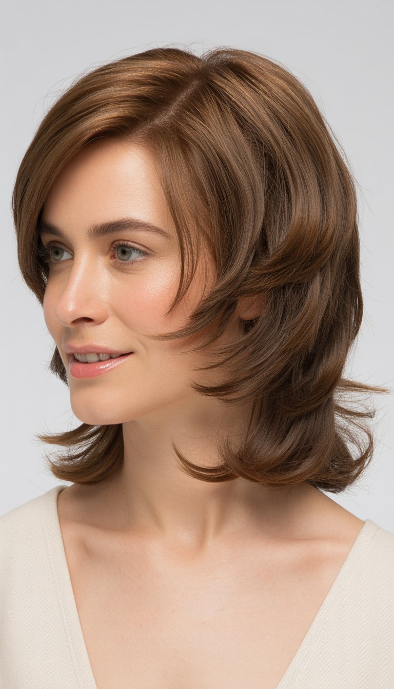 A woman with medium length hair styled in a textured haircut, posing against a plain background.