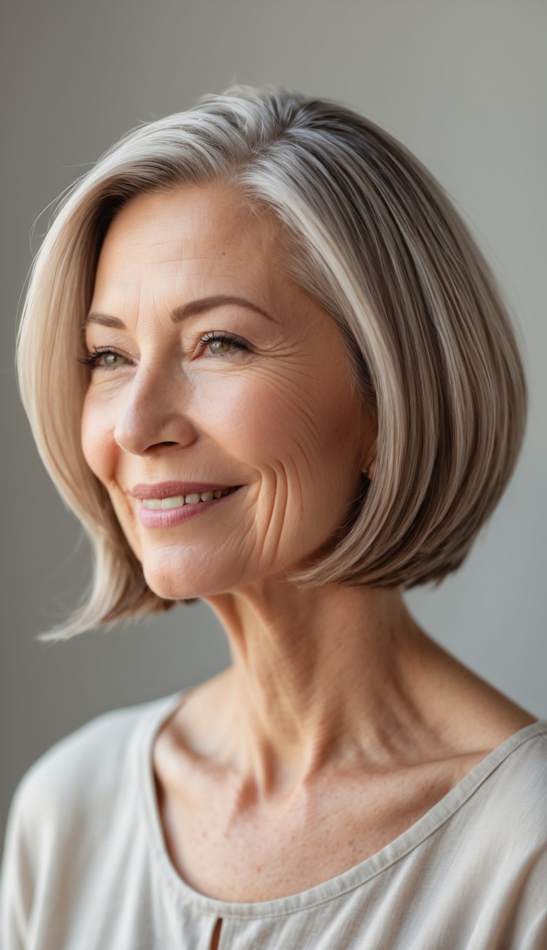 A smiling older woman with a short layered bob haircut and subtle highlights, looking slightly to the side against a neutral background.