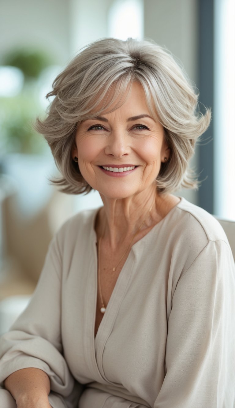 Portrait of an older woman smiling indoors with softly layered hair.