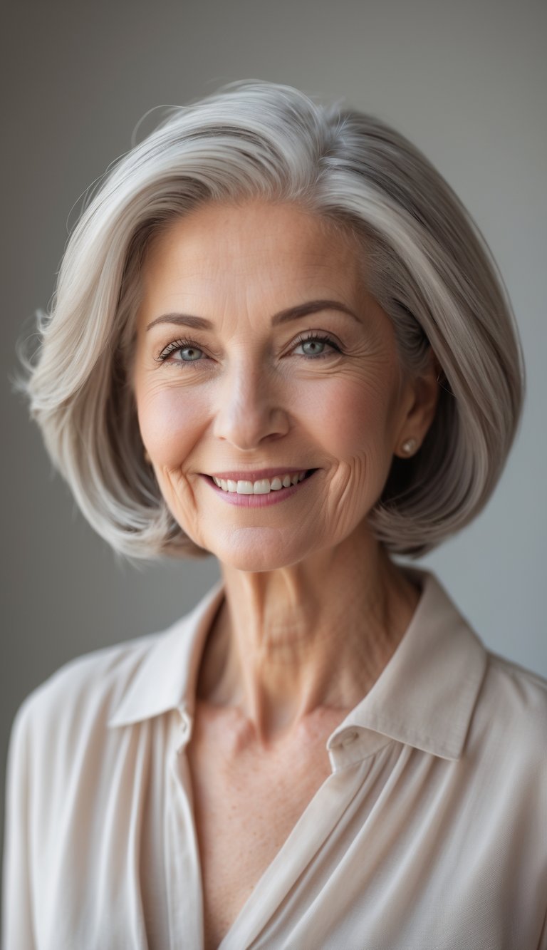 An elderly woman with short hair smiling gently against a neutral background.