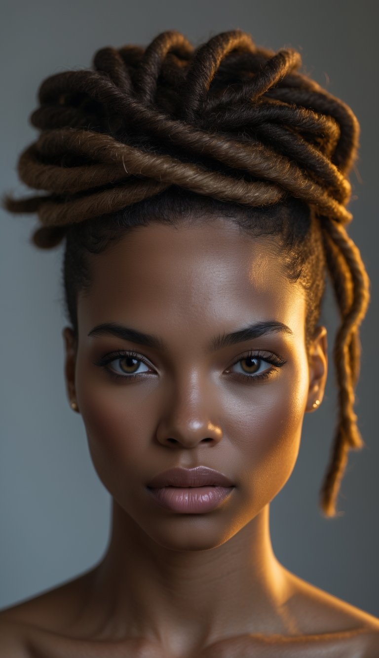 Portrait of a woman with short dreadlocks styled in a twisted updo, looking directly at the camera with a neutral expression.