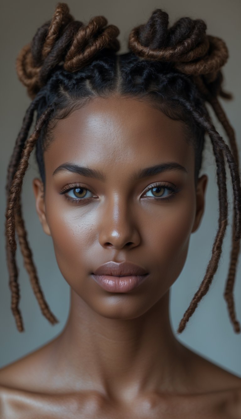 Portrait of a woman with short dreadlocks styled in half-up half-down buns, looking directly at the camera.
