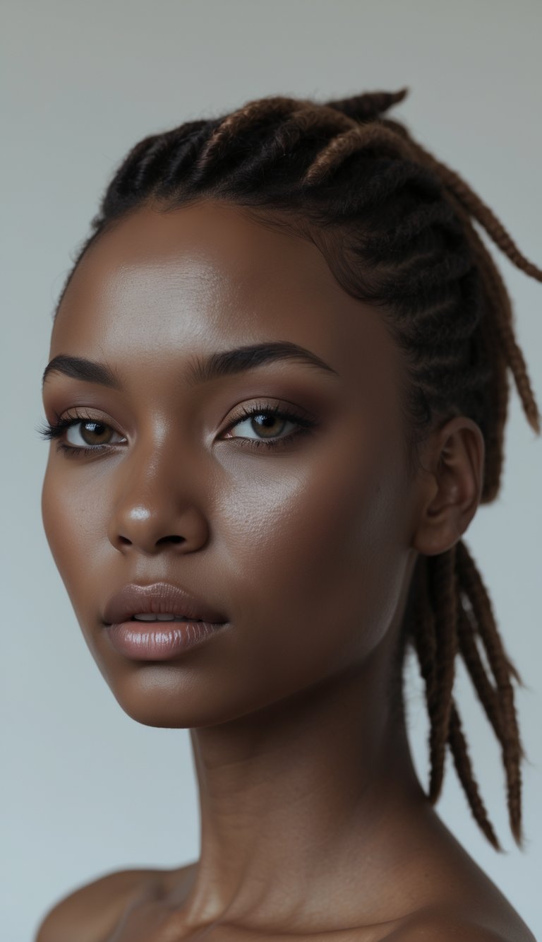 Portrait of a woman with short dreadlocks styled in a side ponytail, looking directly at the camera.