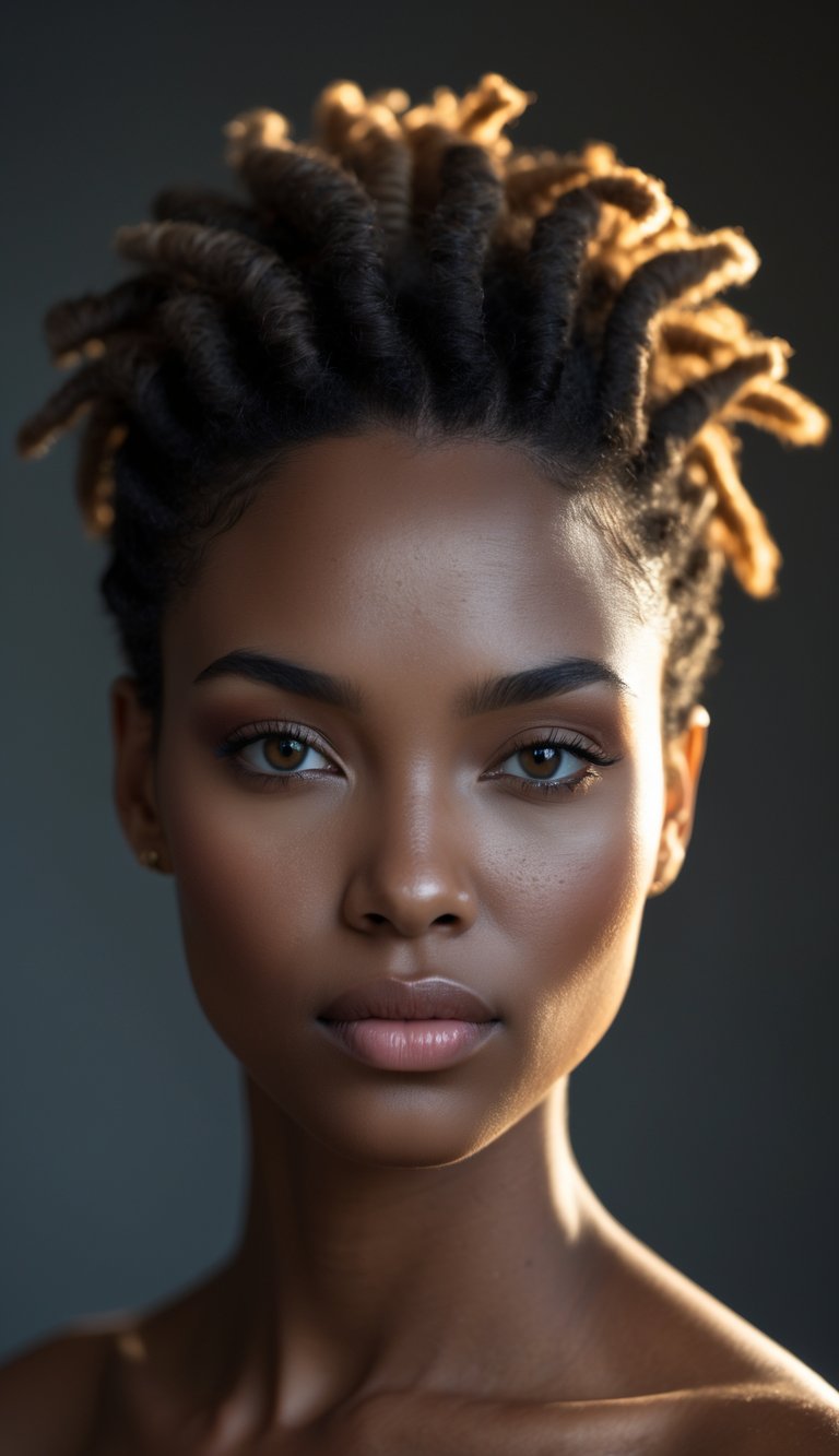 Portrait of a woman with short dreadlocks styled in a high puff, looking directly at the camera.