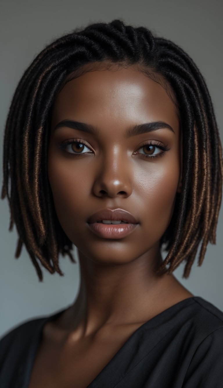 Portrait of a woman with short dreadlocks and a bob haircut, looking directly at the camera with a neutral expression.