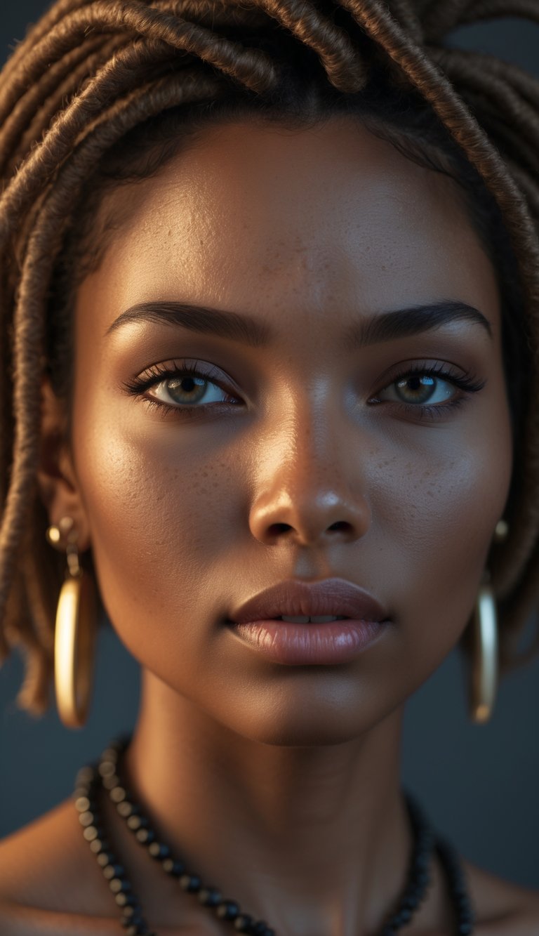 Portrait of a woman with short dreadlocks decorated with beads, looking directly at the camera against a blurred background.