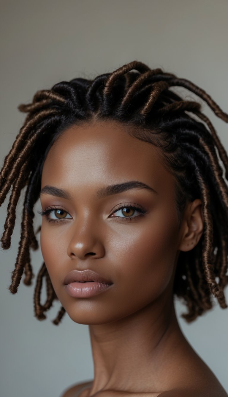 Portrait of a woman with short dreadlocks looking directly at the camera with a neutral expression.