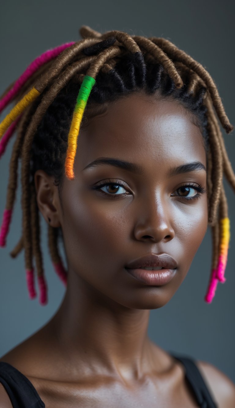 Portrait of a woman with short dreadlocks that have colored tips, looking directly at the camera with a neutral expression.