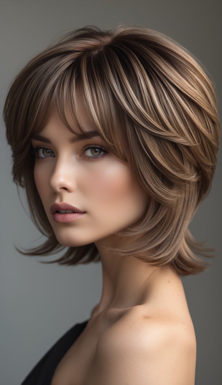 Portrait of a woman with layered butterfly shag haircut, looking straight at the camera with a neutral background.