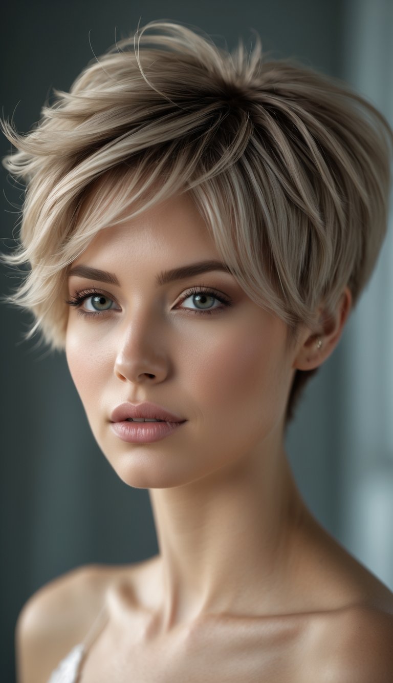 Portrait of a woman with a short layered butterfly haircut, looking straight at the camera with a neutral expression.