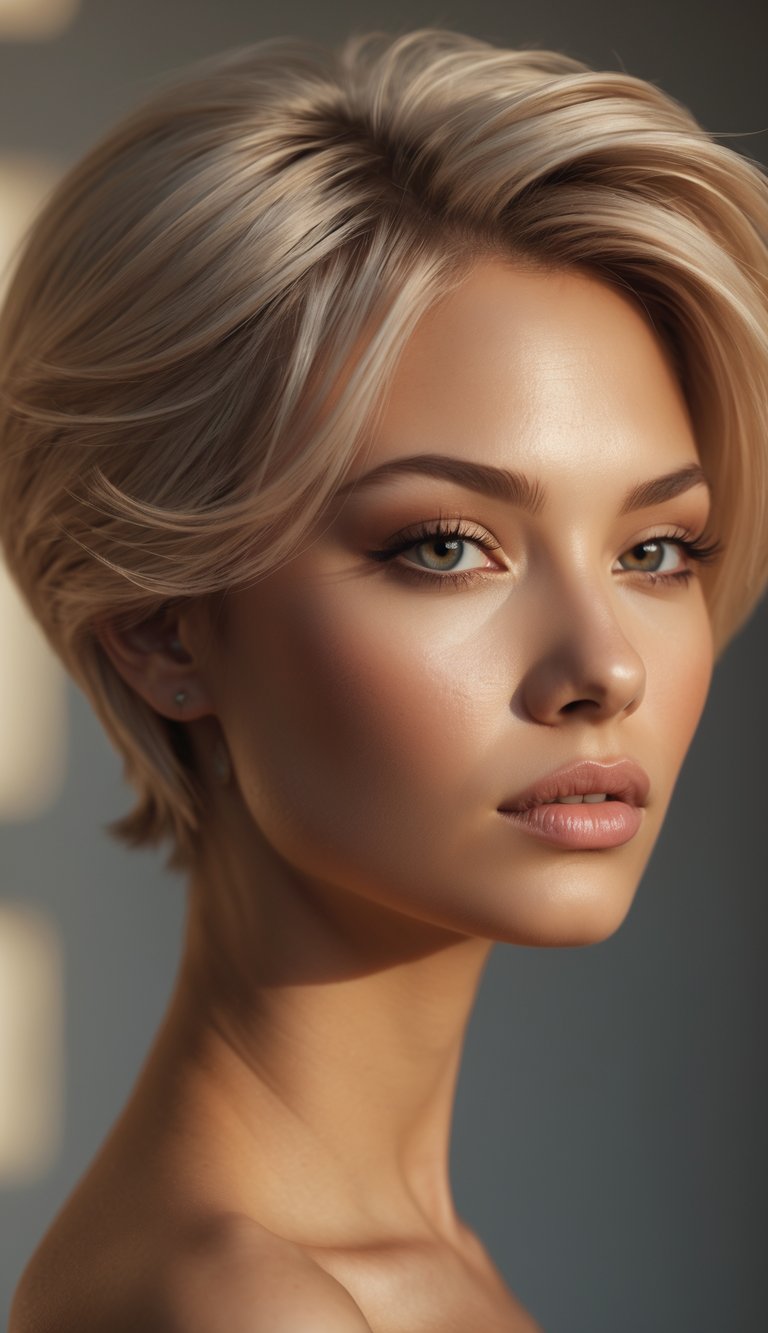 Portrait of a woman with a butterfly haircut and face-framing layers, looking directly at the camera.