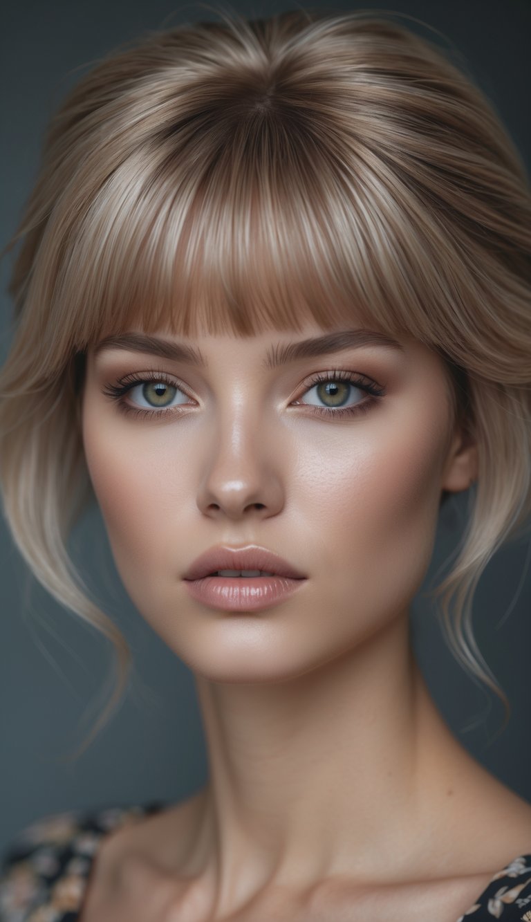 Portrait of a woman with layered butterfly haircut and curtain bangs, looking directly at the camera with a neutral expression.
