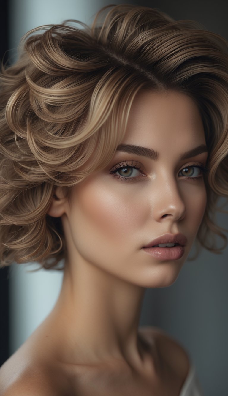 Portrait of a woman with wavy layered hair looking directly at the camera against a softly blurred background.