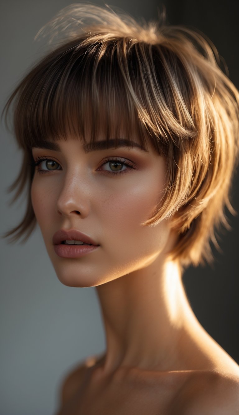 Portrait of a woman with a layered fringe hairstyle, looking directly at the camera with a neutral expression.