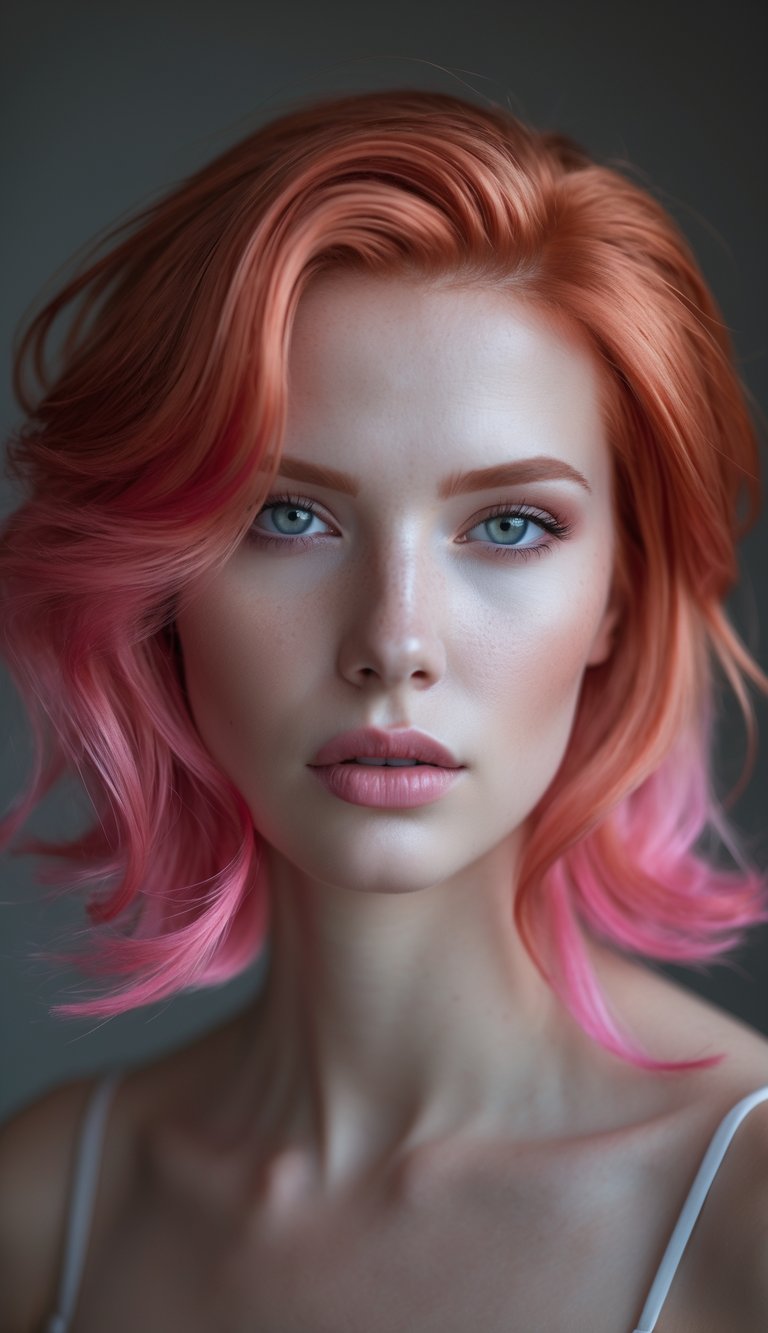 Portrait of a person with copper red hair and pink highlights, looking straight at the camera with a neutral expression.