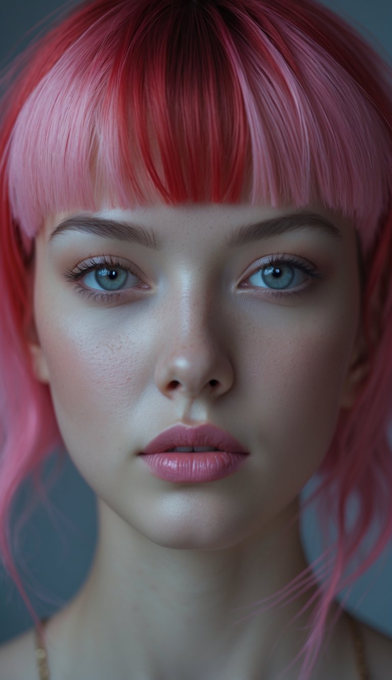 A close-up portrait of a person with pink and red hair, looking directly at the camera with a neutral expression.