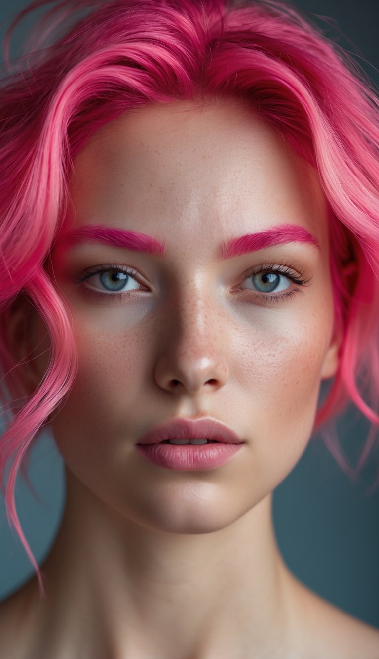 A close-up portrait of a person with vibrant pink and red hair, looking directly at the camera with a neutral expression.