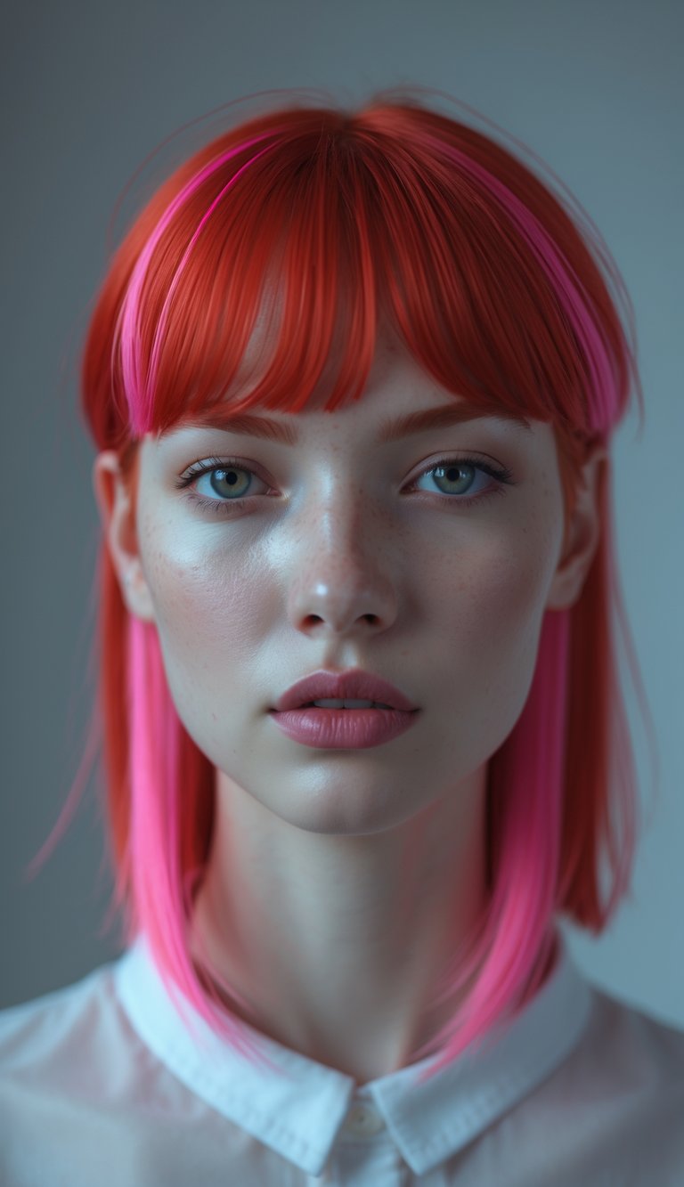 Portrait of a person with red hair and neon pink streaks, looking directly at the camera with a neutral expression.