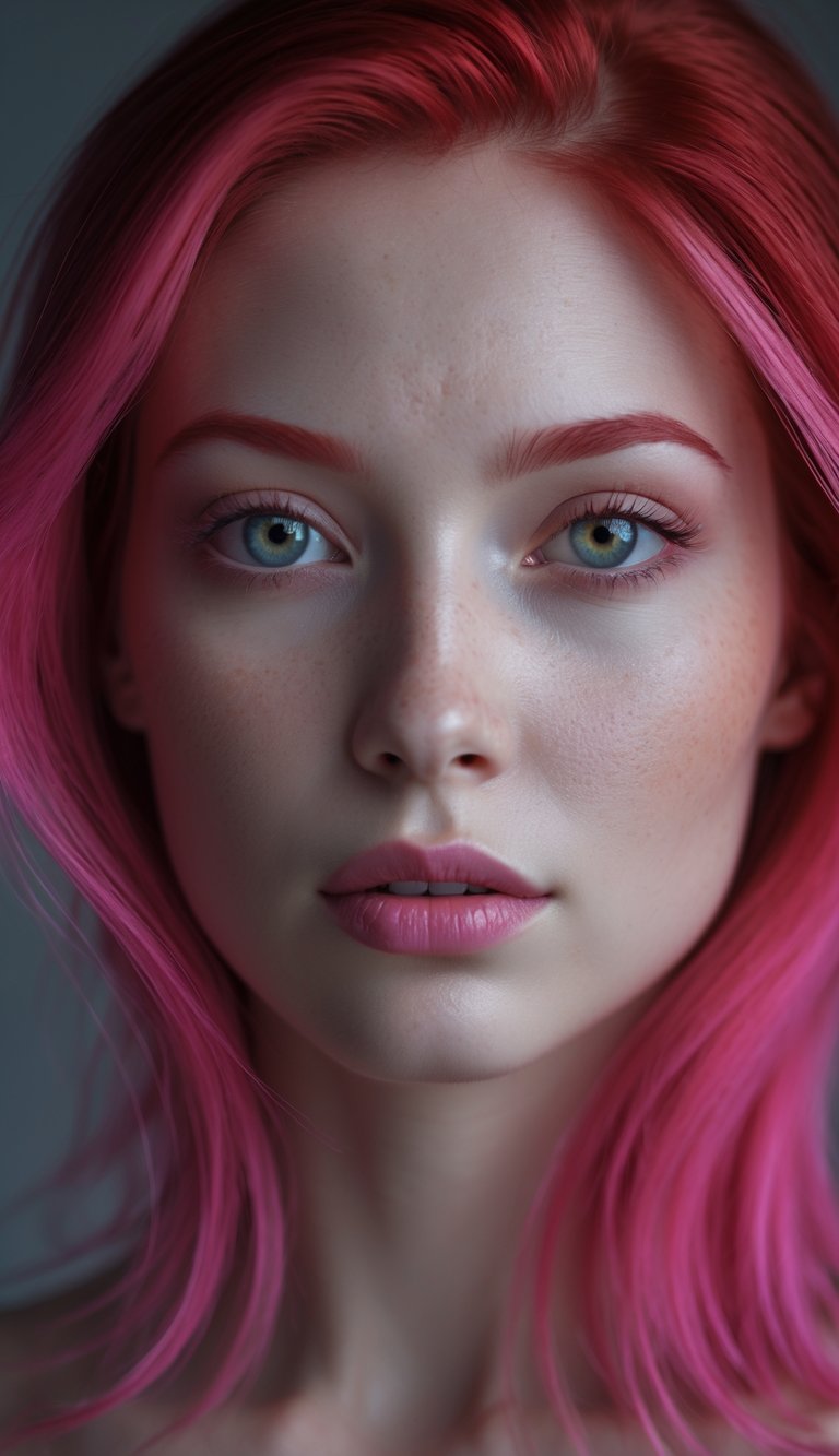 Portrait of a person with cherry red hair and pink highlights, looking straight ahead with clear eyes and a neutral expression.