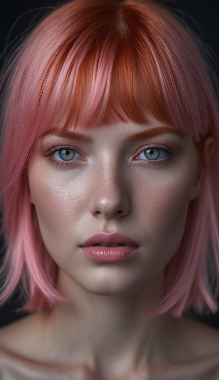 A close-up portrait of a person with medium red hair with pink undertones, looking directly at the camera.