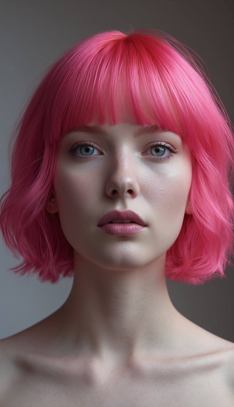 Portrait of a person with bright red hair with pink undertones, looking straight ahead with a neutral expression.