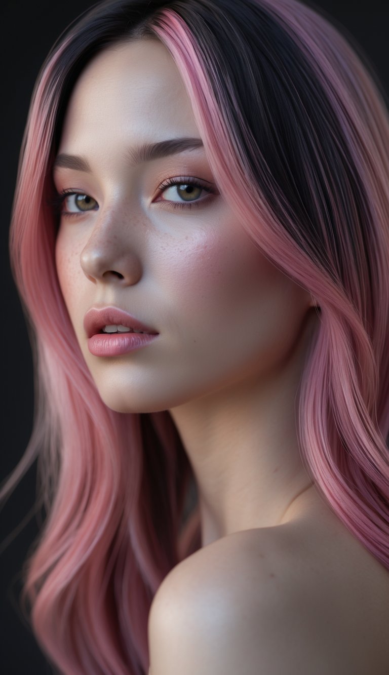 Portrait of a person with long pink and red hair, looking directly at the camera with clear eyes and natural skin.