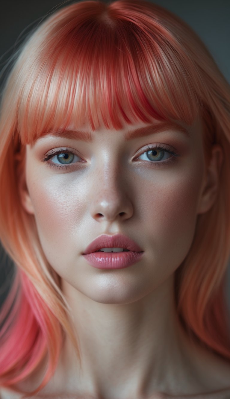 Portrait of a person with red, peach, pink, and red blended hair, looking directly at the camera with a neutral expression.