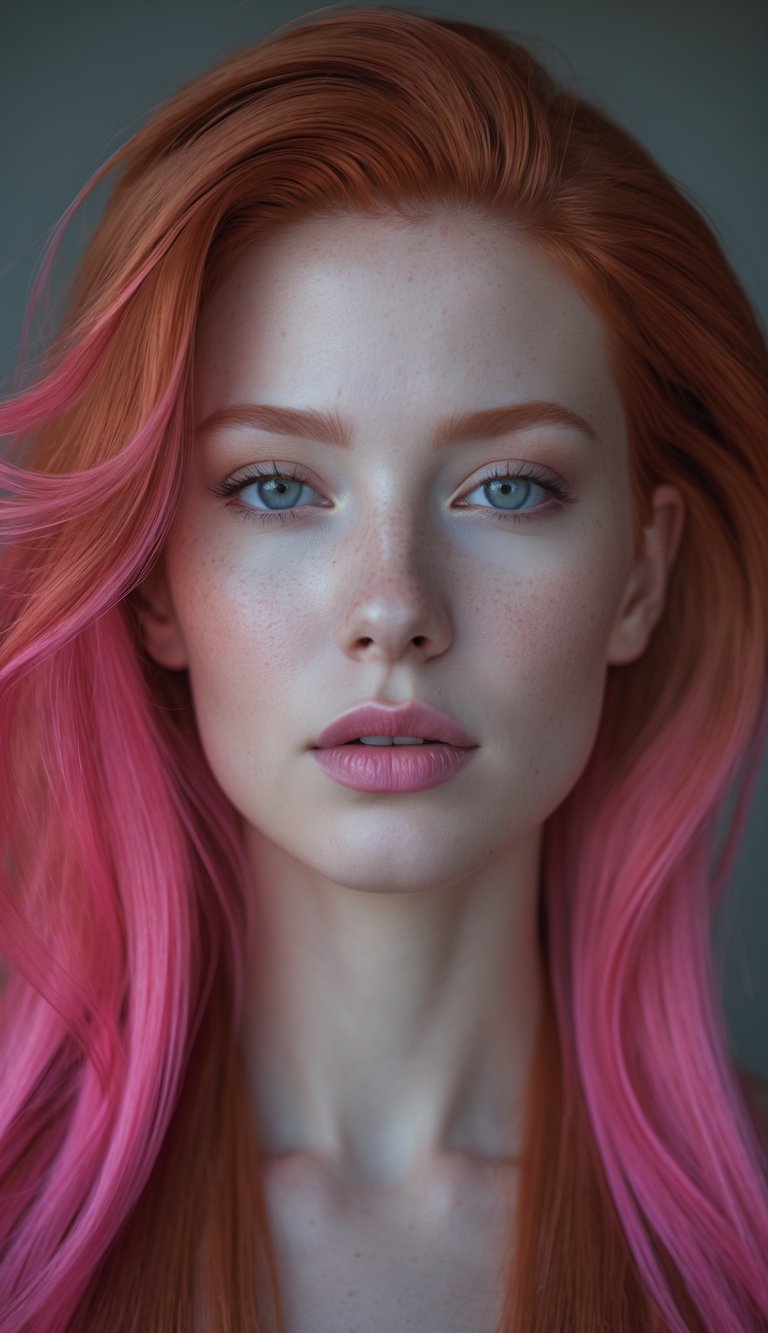 Portrait of a person with red hair accented by pink strands, looking directly at the camera with a neutral expression.