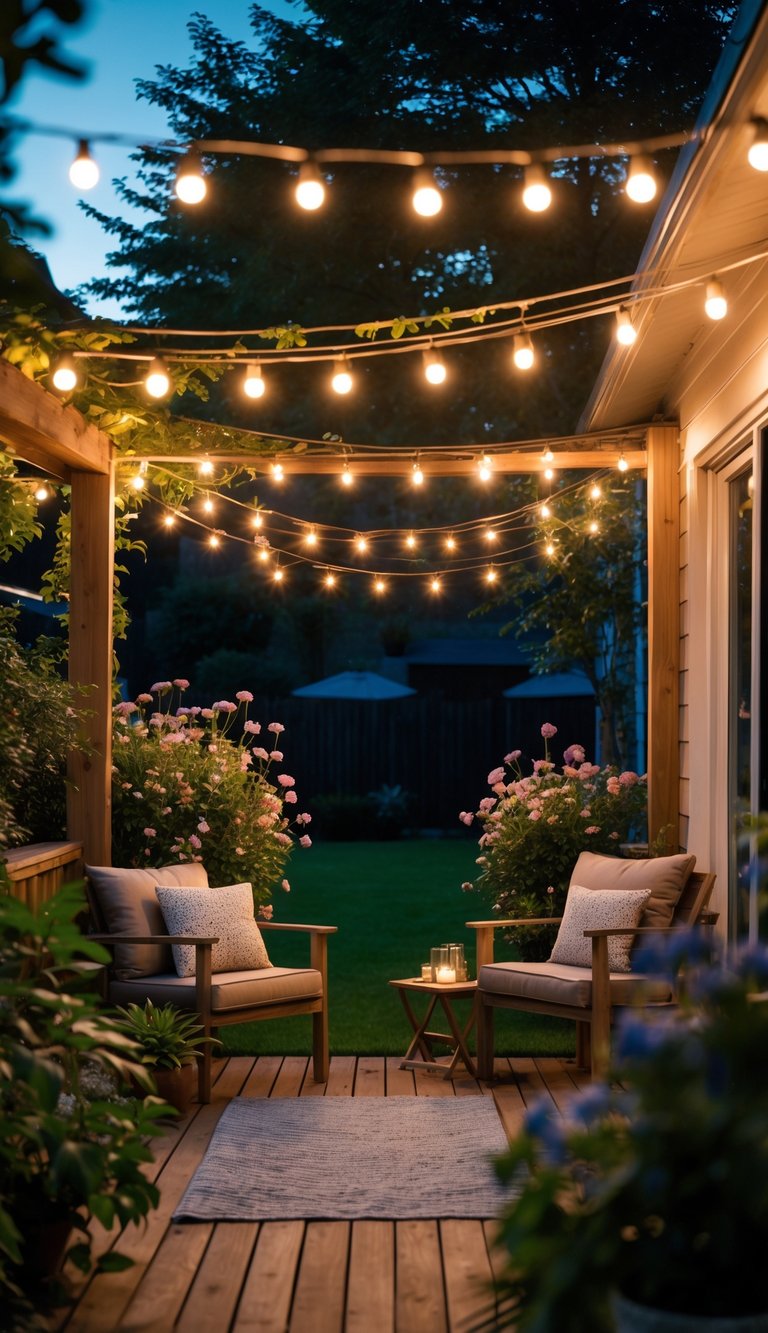 Backyard patio at twilight with warm string lights hanging overhead, surrounded by plants and outdoor furniture.