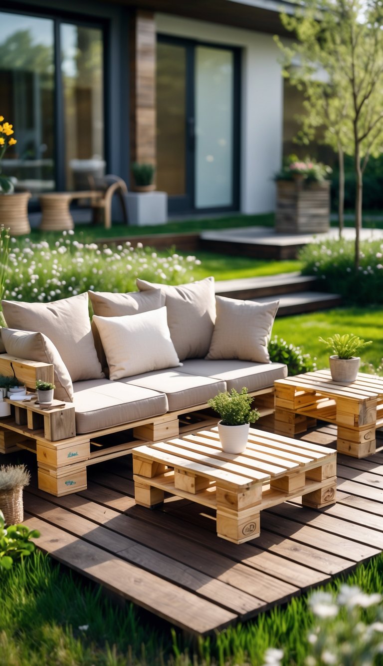 Backyard with wooden pallet furniture including a sofa and coffee table surrounded by plants and grass.
