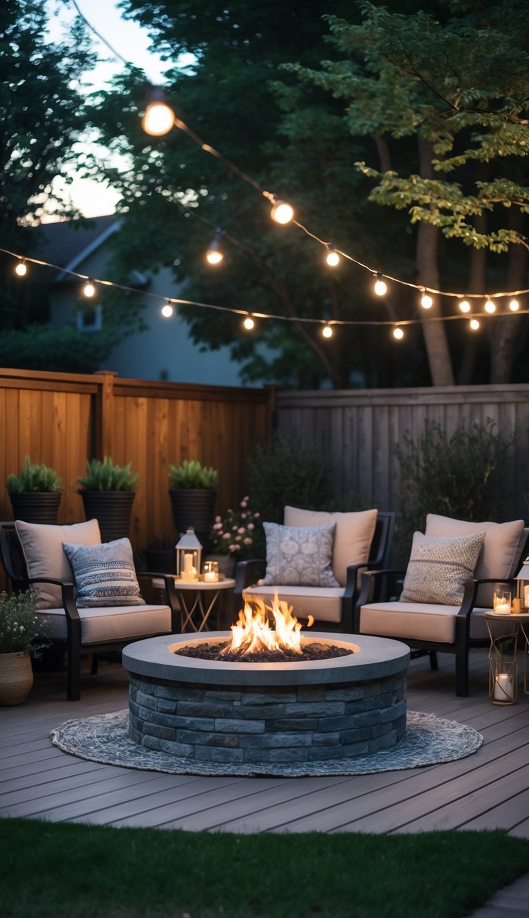 A backyard fire pit area with chairs arranged around a stone fire pit, surrounded by grass, plants, and string lights.