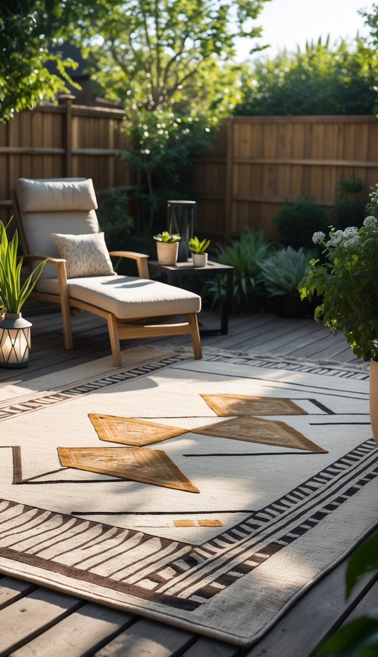 An outdoor rug with geometric patterns placed on a wooden deck in a backyard with plants and outdoor furniture.