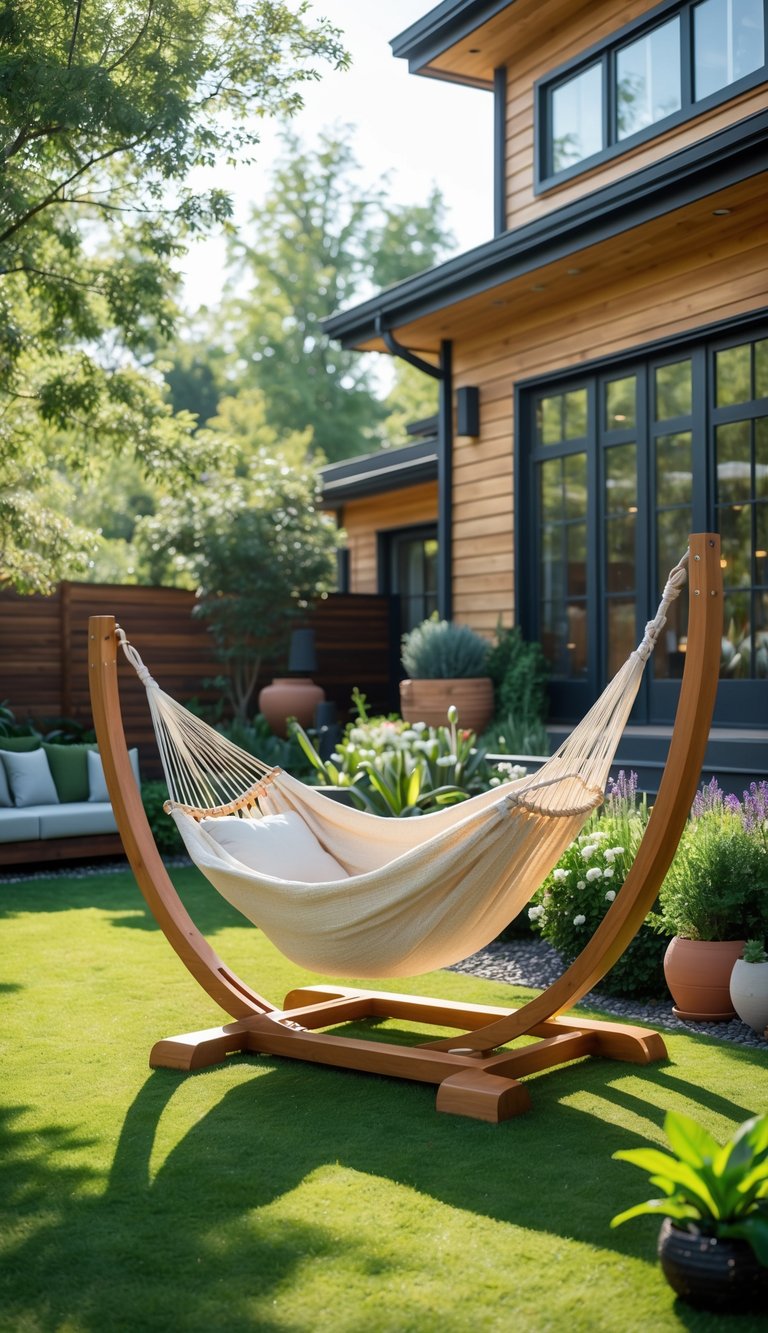 A hammock with a wooden stand set up in a green backyard with plants and a house in the background.