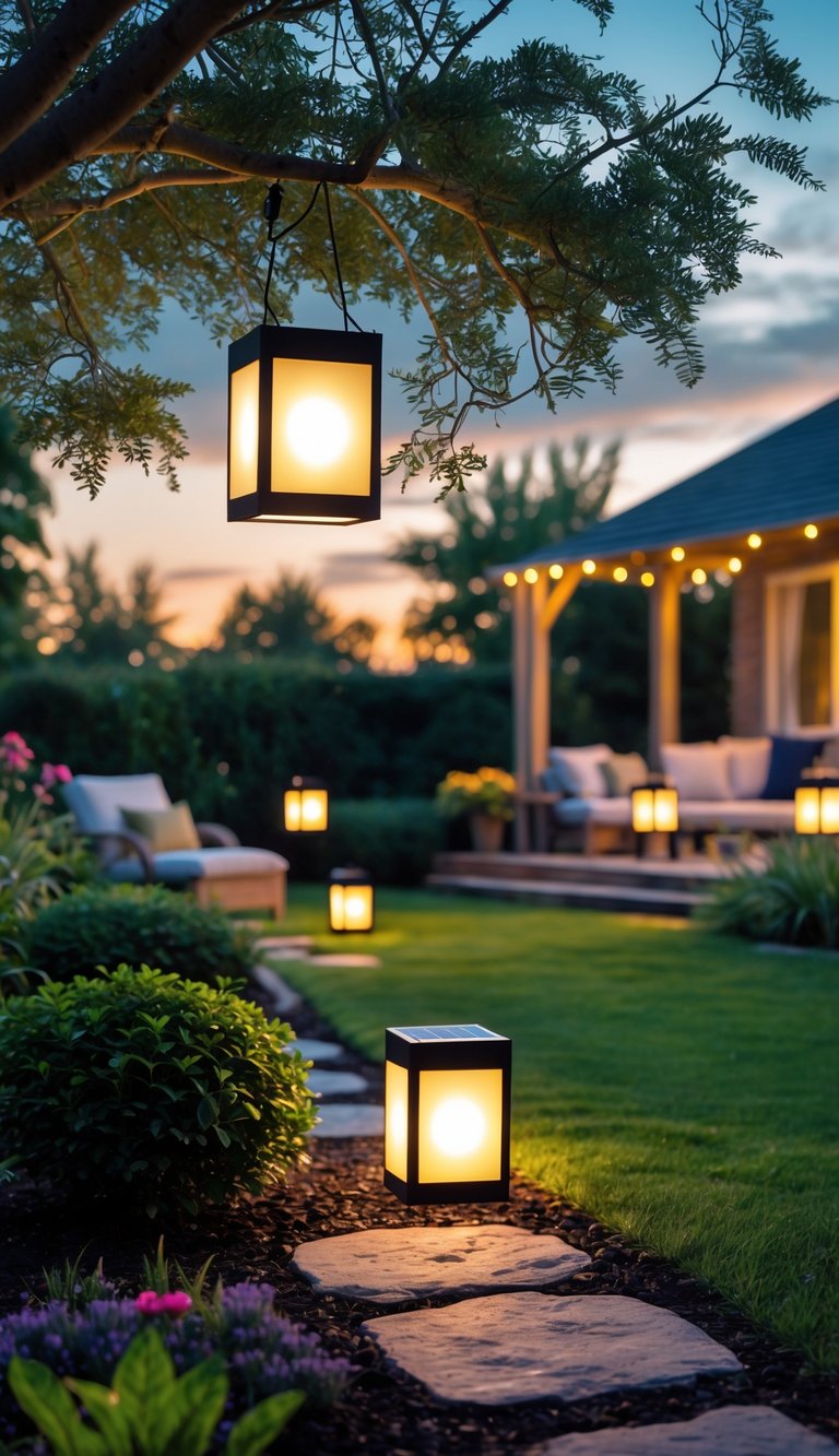 A backyard at dusk with solar-powered lanterns glowing softly among trees and along a garden path, with outdoor furniture visible in the background.
