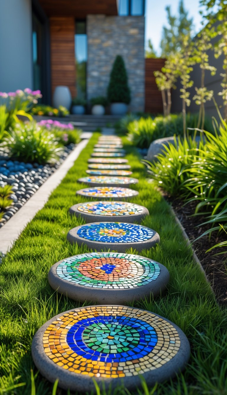 A backyard garden path with colorful mosaic stepping stones surrounded by green grass and plants.