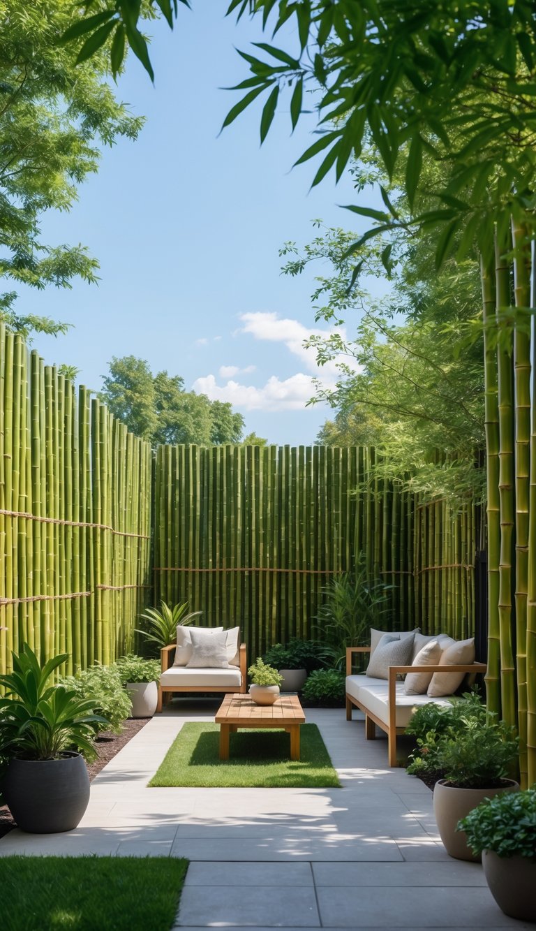 Backyard with tall bamboo privacy screens, outdoor seating area, potted plants, and a green lawn on a sunny day.