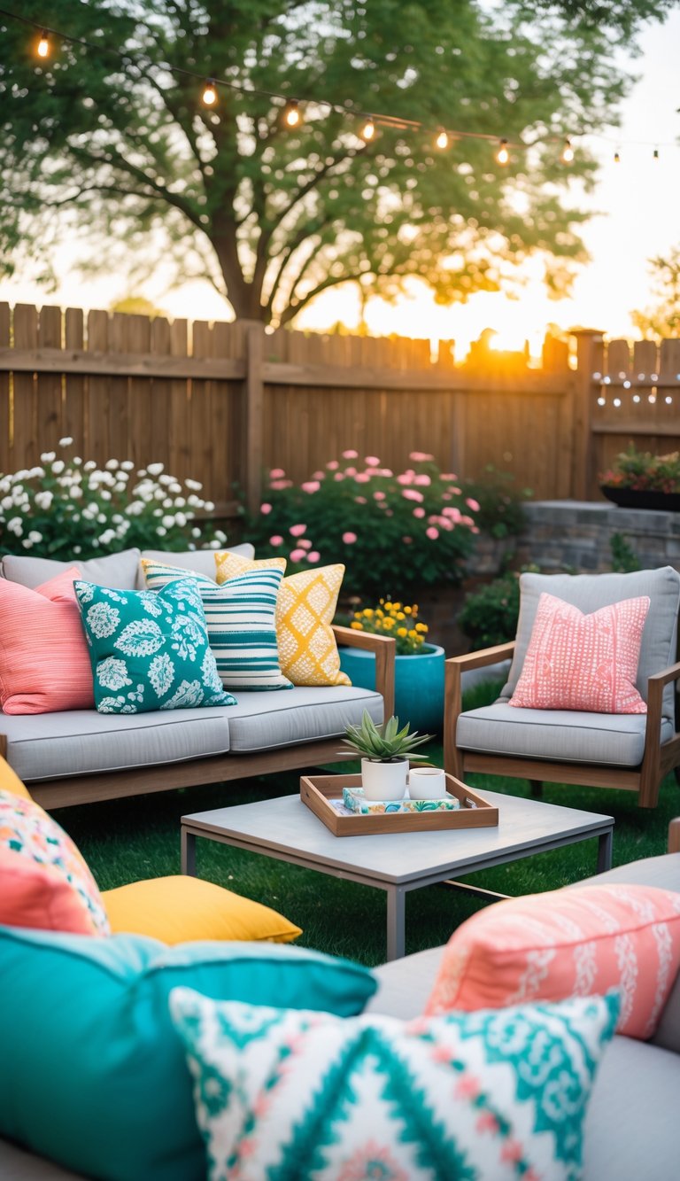 A backyard seating area with colorful outdoor throw pillows on a wooden bench and cushioned chairs surrounded by grass, flowers, and string lights.