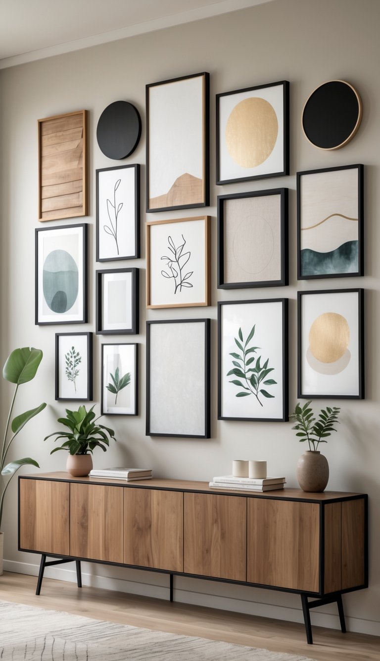 A living room wall decorated with a variety of framed artworks arranged in a gallery style above a wooden console table with decorative items.