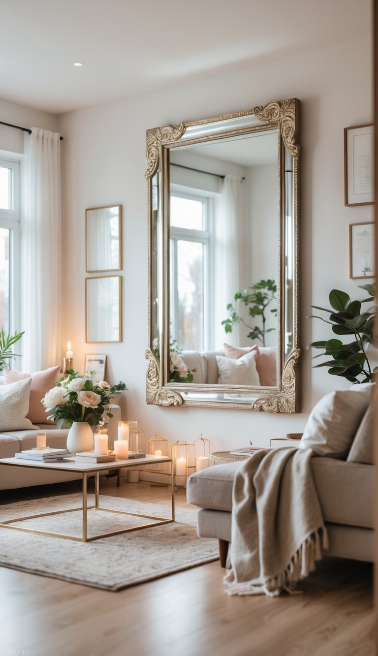 A living room with a large decorative mirror on the wall, a sofa, coffee table with flowers, and various home decor items.